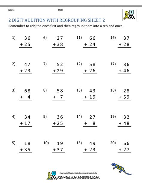 Adding Three Two Digit Numbers With Regouping Worksheets