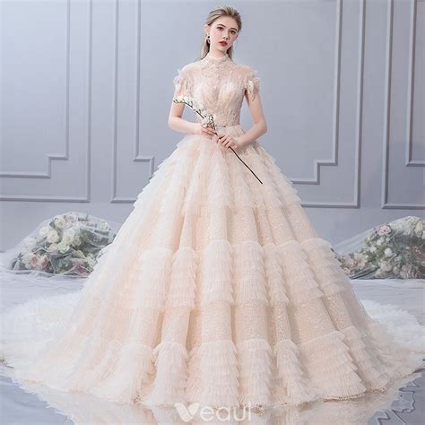 Luxury Gorgeous Champagne Wedding Dresses 2019 A Line Princess High