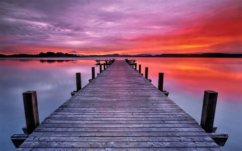 Long Boardwalk Colors Of Sunrise Still Lake Sunrise Over The Lake