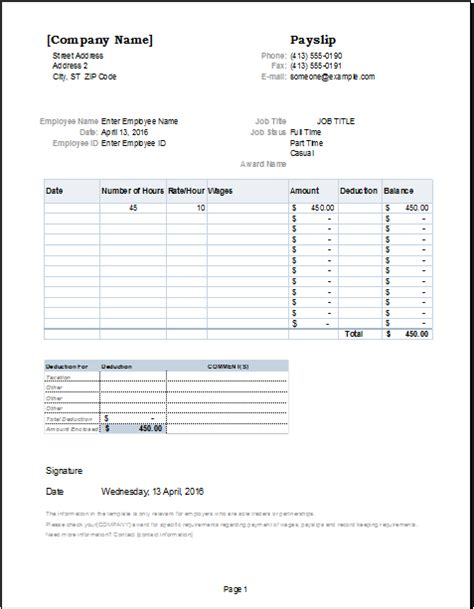 Payslip Templates 21 Free Printable Word Excel And Pdf Formats
