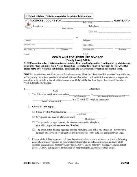 Form Cc Dr 020 Download Fillable Pdf Or Fill Online Counter Claim For Absolute Divorce Maryland