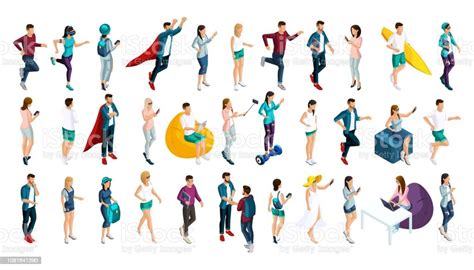 Isometrics Set Of Vector Characters In Different Poses 3d Teenagers Men