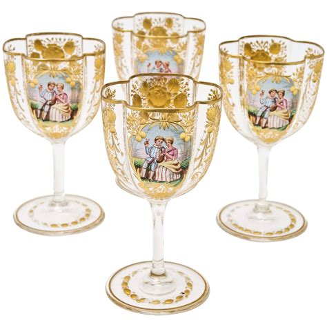Four Antique Moser Wine Glasses Cut And Hand Decorated With Quatrefoil Shape For Sale At 1stdibs