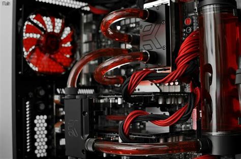 Red And Black Computer Pc Tower Setup Liquid Cooling Computer Rig