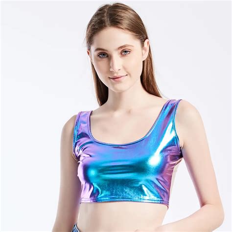 Affordable Prices Haoohu Womens Reflective Crop Top Metallic Shiny