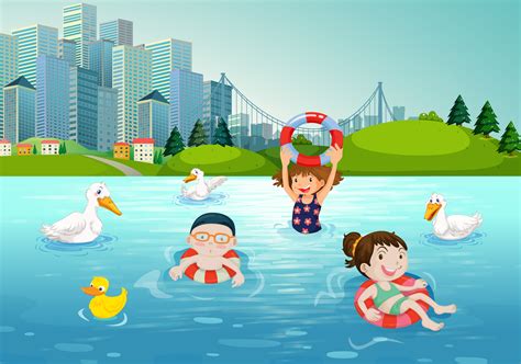 Children Swimming In The Lake 433619 Vector Art At Vecteezy
