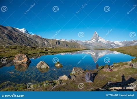 Beautiful Landscape With The Matterhorn In The Swiss Alps And Lake