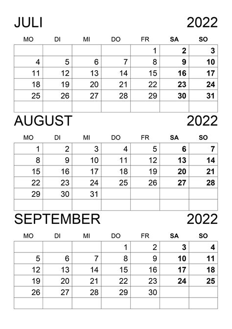 Kalender Juli August September 2022 Kalendersu