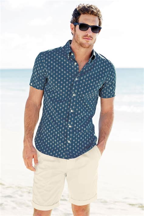 Slate Blue Patterned Shirt Cream Colored Shorts Shades Cool Summer Beach Weekend Style
