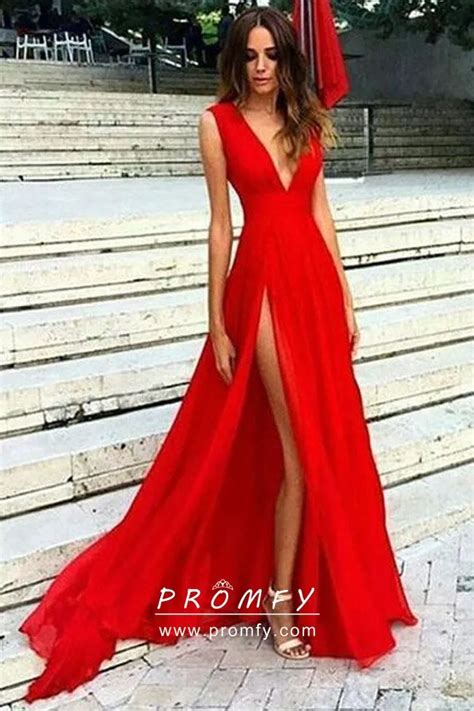 Simply Red Chiffon Thigh High Slit Long Prom Dress Promfy