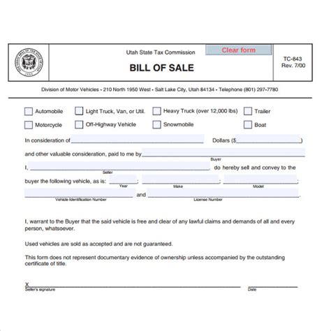Bill Of Sale Utah Printable Printable Templates