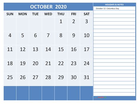 Printable October 2020 Calendar With Holidays Word