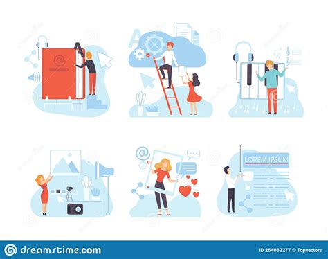 Digital Marketing With People Creating Media Content Vector Scene Set