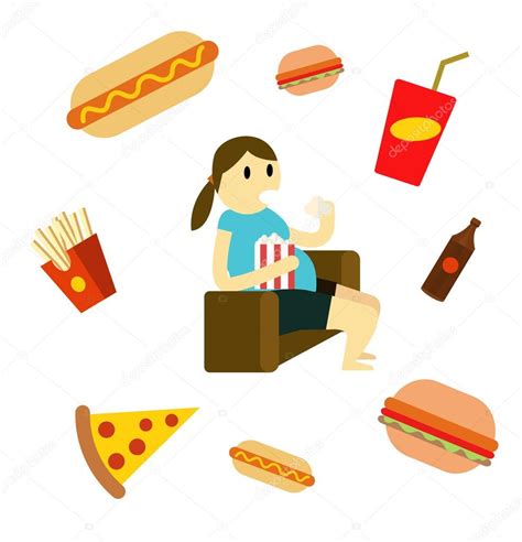 sedentary woman eating fast food on the couch stock vector image by ©mangsaab 78312584