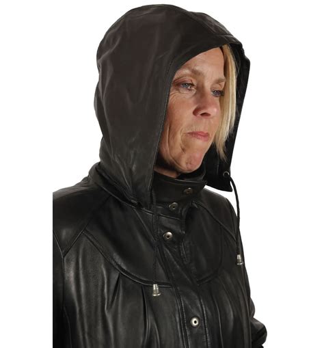 Ladies 34 Black Leather Hooded Parka From Simons Leather