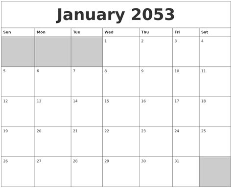 January 2053 Blank Printable Calendar