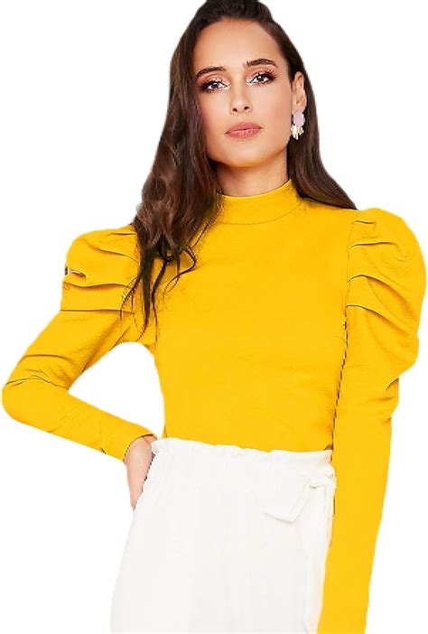Buy Floerns Womens Mock Neck Puff Sleeve Blouse Tops Mustard Yellow S