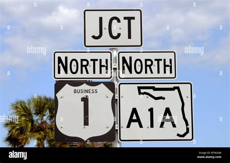 American Highway Signs Signage At A Road Junction In Florida Usa Stock