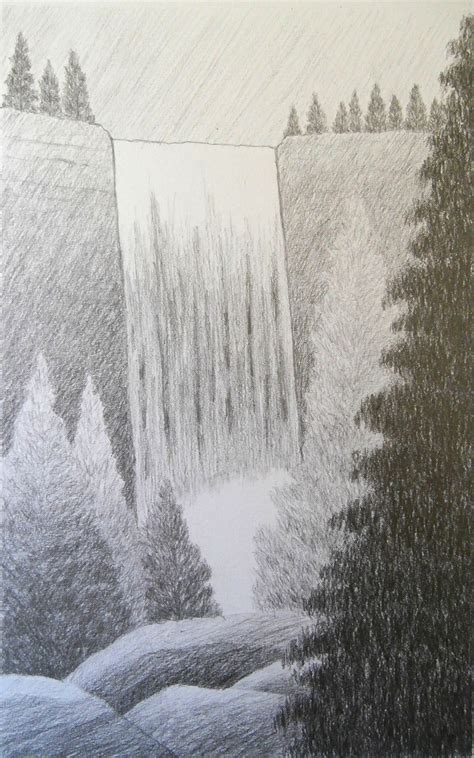 Waterfall Original Landscape Graphite Drawing Simple Mountain Scenery