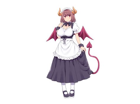 Amane Hasuhito Apron Bow Breasts Brown Hair Cleavage Demon Dress Headdress Horns Maid Original