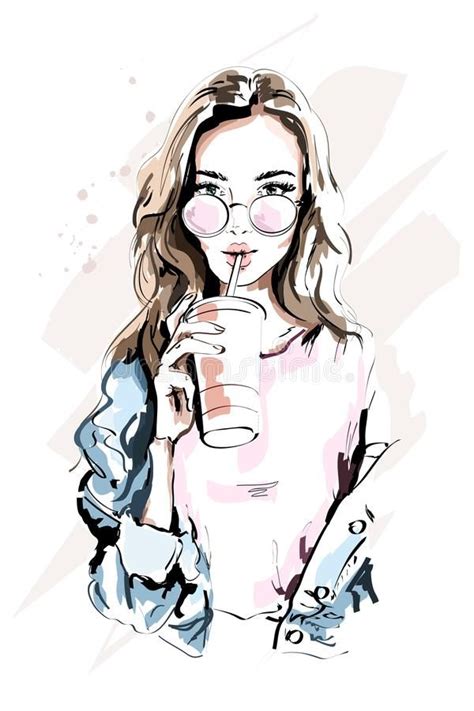 Hand Drawn Beautiful Young Woman Portrait Fashion Girl With Coffee Cup