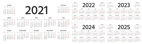 Calendar 2021 2022 2023 2024 Years Set Stock Vector Illustration Images