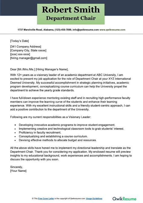 Department Chair Cover Letter Examples Qwikresume