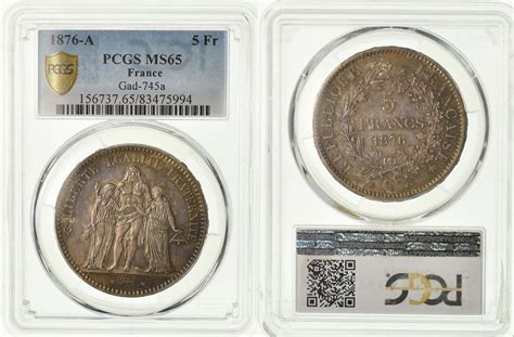 France 5 Francs 1876 A Coin Hercule Paris Pcgs Ms65 Silver Km820