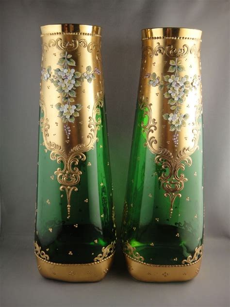 Antique Bohemian Czech Moser Large Pair Vases Green Glass Gold