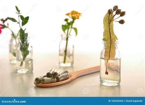 Capsules And Vials With Plants Inside Natural Medicine Concept Front