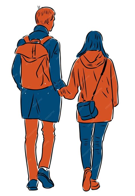 Dibujo De Pareja De Estudiantes Caminando Por La Calle Vectorial