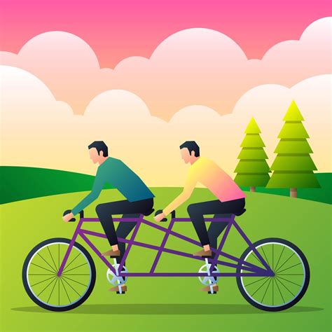 Two Casual Man Riding Tandem Bicycle Flat Vector Illustration 242409
