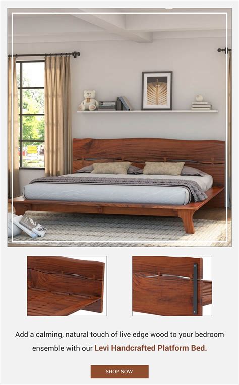 Levi Solid Acacia Wood Platform Bed Frame With Live Edge Headboard
