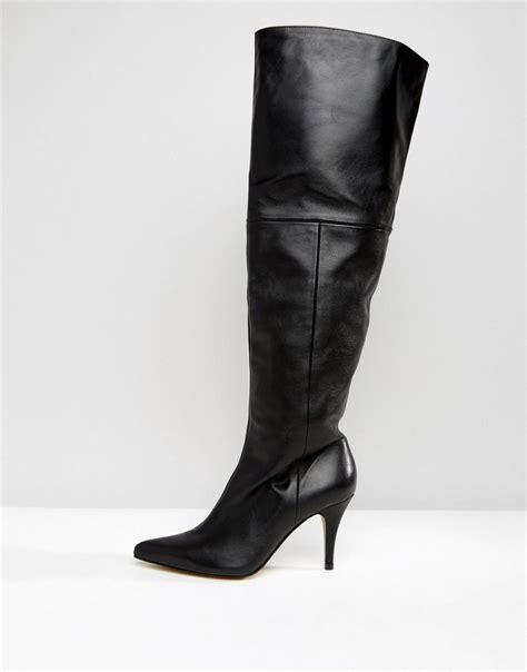 Asos Klara Wide Fit Leather Slouch Over The Knee Boots In Black Lyst
