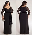 Black Plus Size Lace Long Sleeve Sheath Chiffon Evening Dresses V-Neck ...