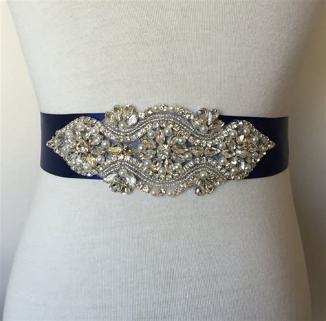 Navy Sash Rhinestone Sash Bridal Sash Crystal Sash Pearl Sash Wedding Dress Belt 15 Inch Ribbon