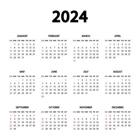 Calendrier 2024 Année La Semaine Commence Le Dimanche Modèle De