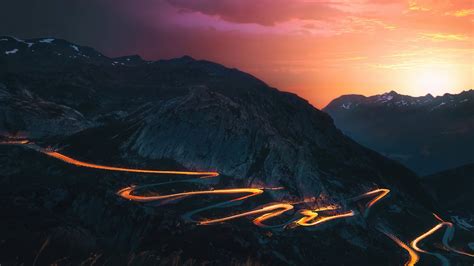 Sunset Trails Mountains Road Long Exposure 5k Macbook Pro Wallpaper