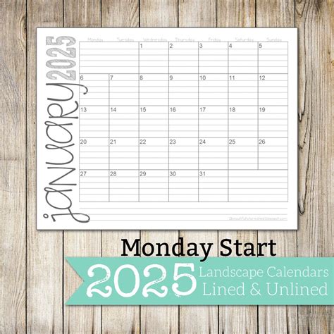 2025 Monday Start Lined And Unlined Monthly Calendars 8 5x11 Landscape Jan Dec Printable Download