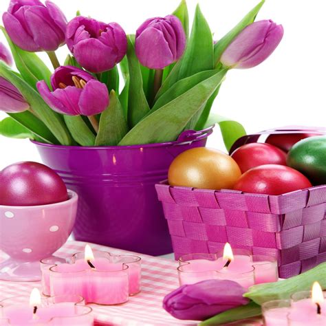 Easter Holiday Eggs Tulips Candles Basket Ipad Pro Wallpapers Free Download
