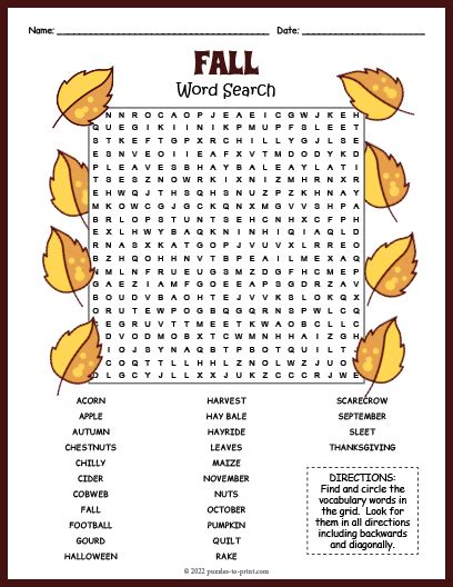 Fall Adult Word Search Printable