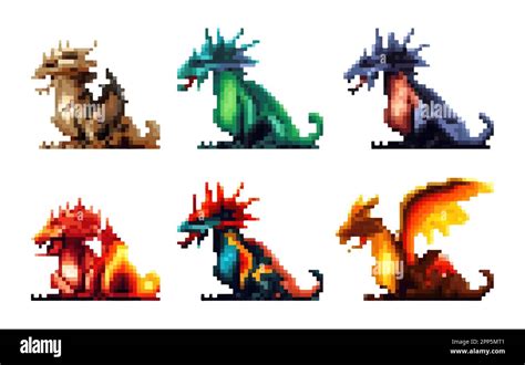 Set Vector Pixel Illustration Of Colorful Magic Cute Dragons Isolate On