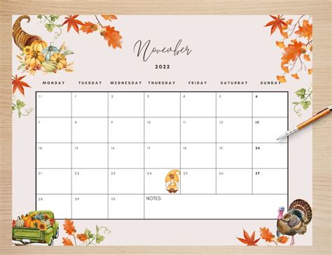 Editable November 2022 Calendar Thanksgiving Season Etsy Ireland