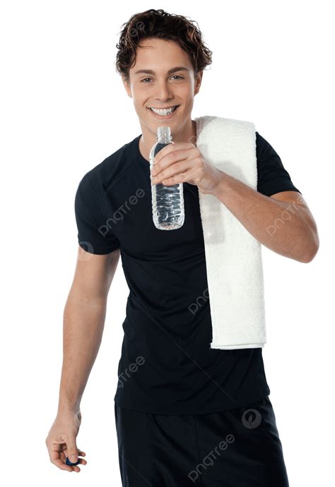 Fit Man Drinking Water Isolated On White Instructor Workout Drink