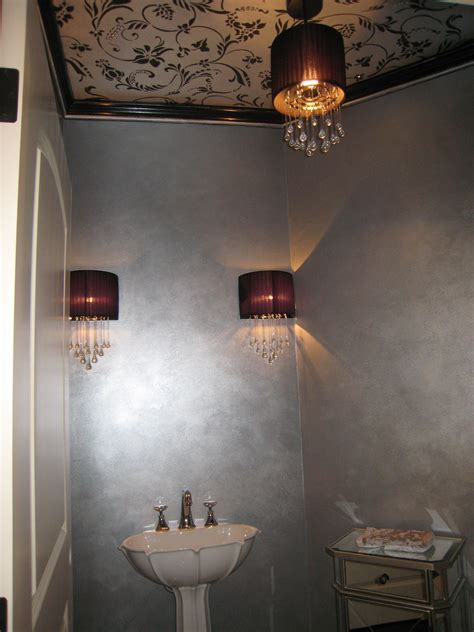 Powder Room With Metallic Paint On Ceiling Stencil And