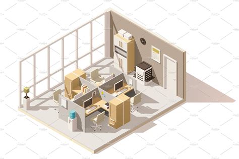 Vector Isometric Low Poly Office Room Illustrator Graphics ~ Creative