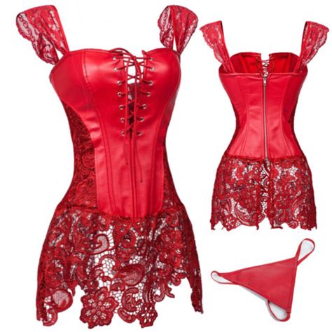 uk women bustier corset boned lace up sexy burlesque dress basque lingerie rouge picture 14 of 19