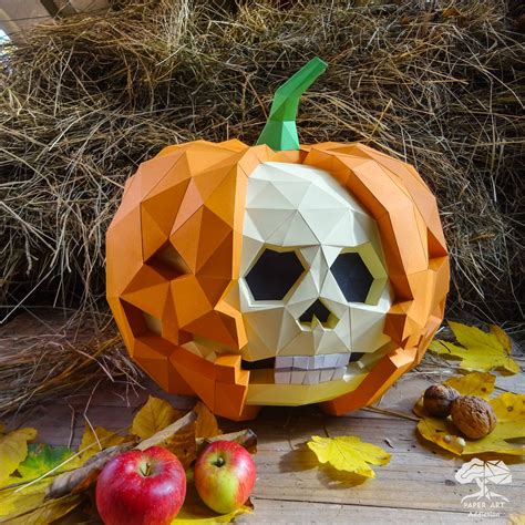 Skull Pumpkin 3d Papercraft Pdf Template Diy Low Poly Halloween Decor