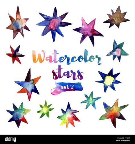 Drawn Watercolor Stars Set Number 2 On A White Background Stock Photo