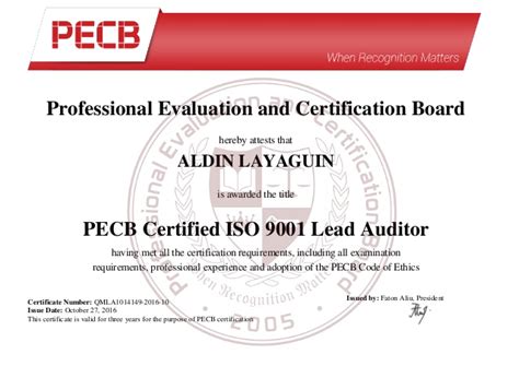 Pecb Certified Iso 9001 Lead Auditor Aldin Layaguin